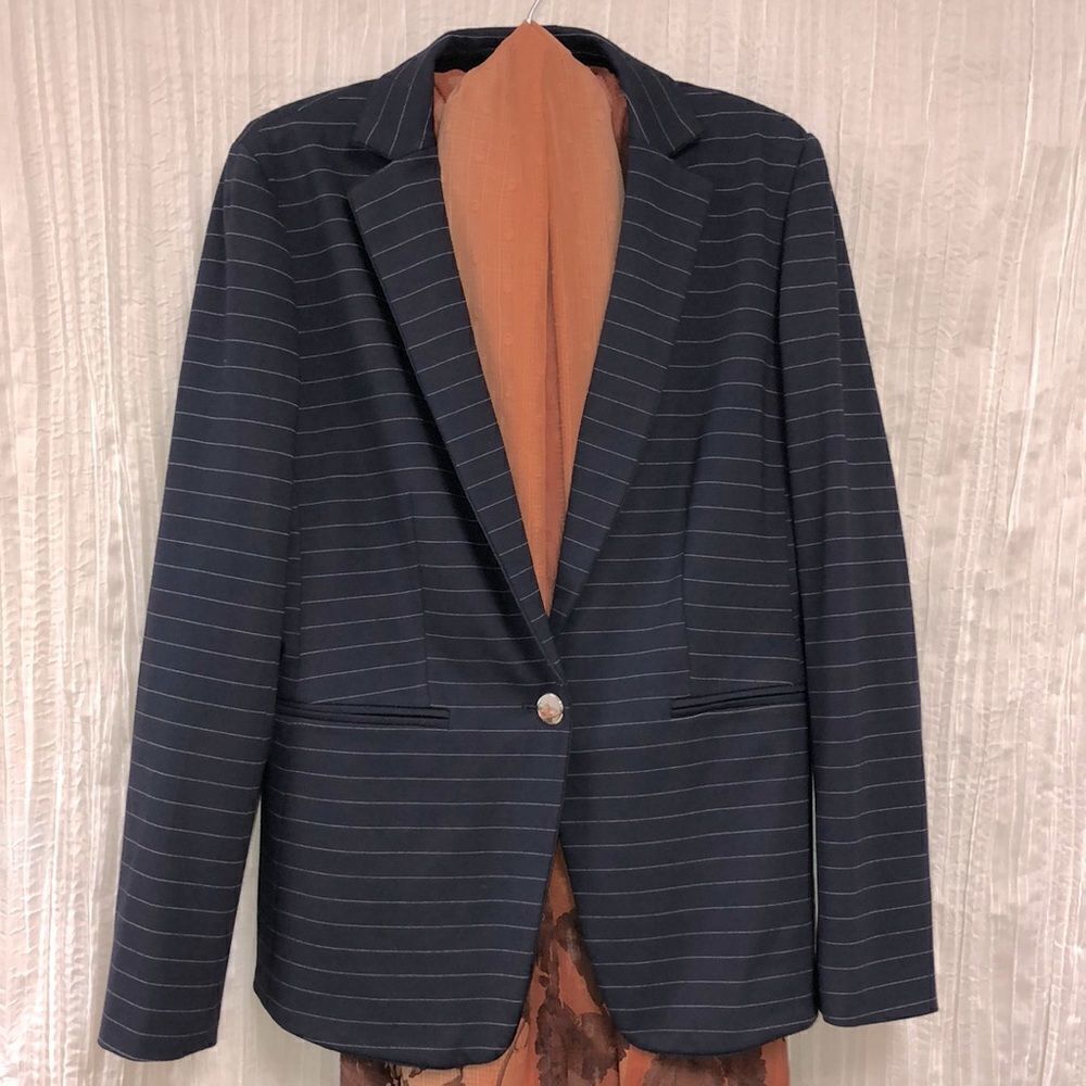 Ann Taylor 6 Knit Navy White Pin Stripe Jacket/Blazer